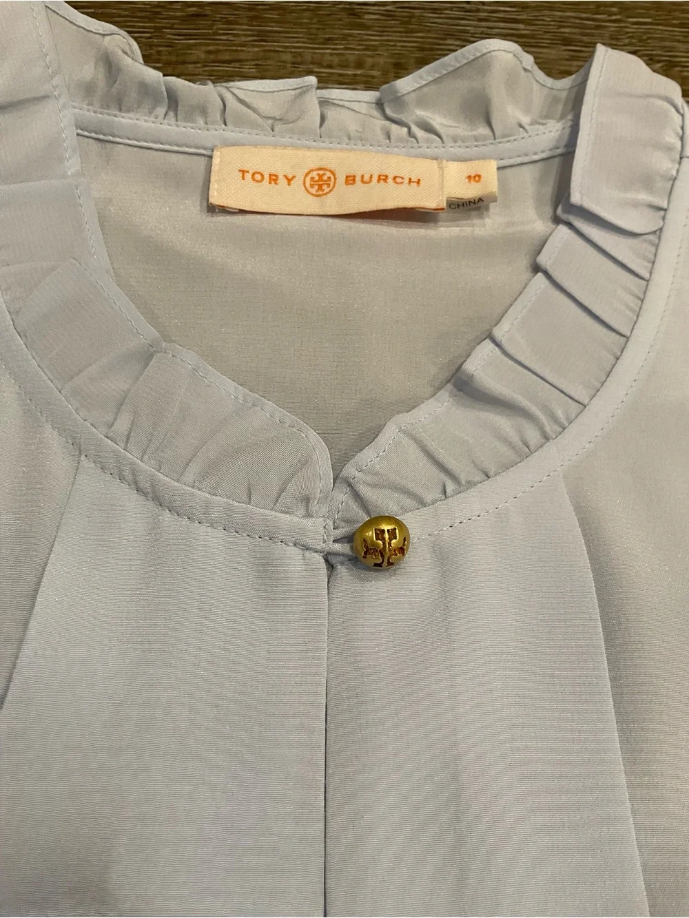 Tory Burch Pale Blue Ruffle Collar Silk Blouse with Gold Logo Button